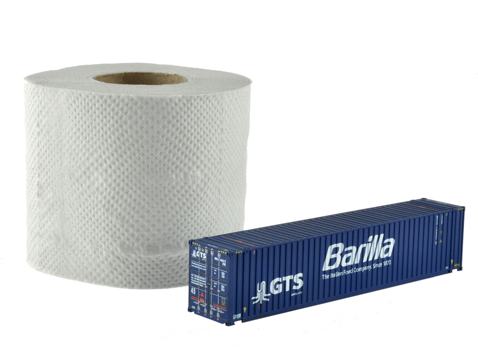 1:87 45´ Container G.T.S.+BAR blau, neues Logo (weiß-weiß) + Barilla (Nudelzug, Fontevivo-Ulm), WB-A /Ct 45´ (Euro), # MUCU 145451