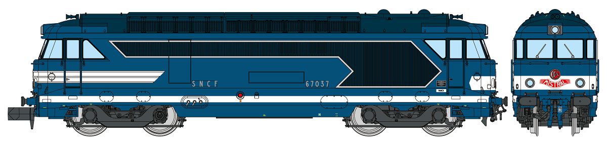 SNCF BB67000 blau/weiß Ep3-4 Betr-Nr: 67037, Depot de "Nimes", blau/weiß, mit rotem Mistral-Schild und rundem SNCF-Logo