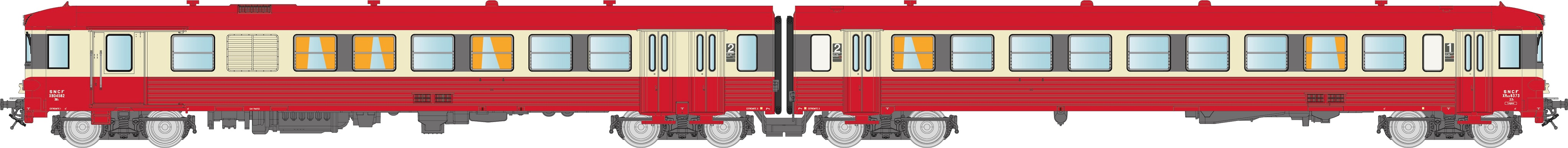 N SNCF EAD X4500 rot/cremeEp4 2-teil. Diesel-Triebzug Baureihe X 4500, 3 Spitzenlichter, lackiertes SNCF Kasten-Logo, mit rotem Dach, Betr.-Nr.: XBD4582 / XRAB 8373, Depot LONGEAU