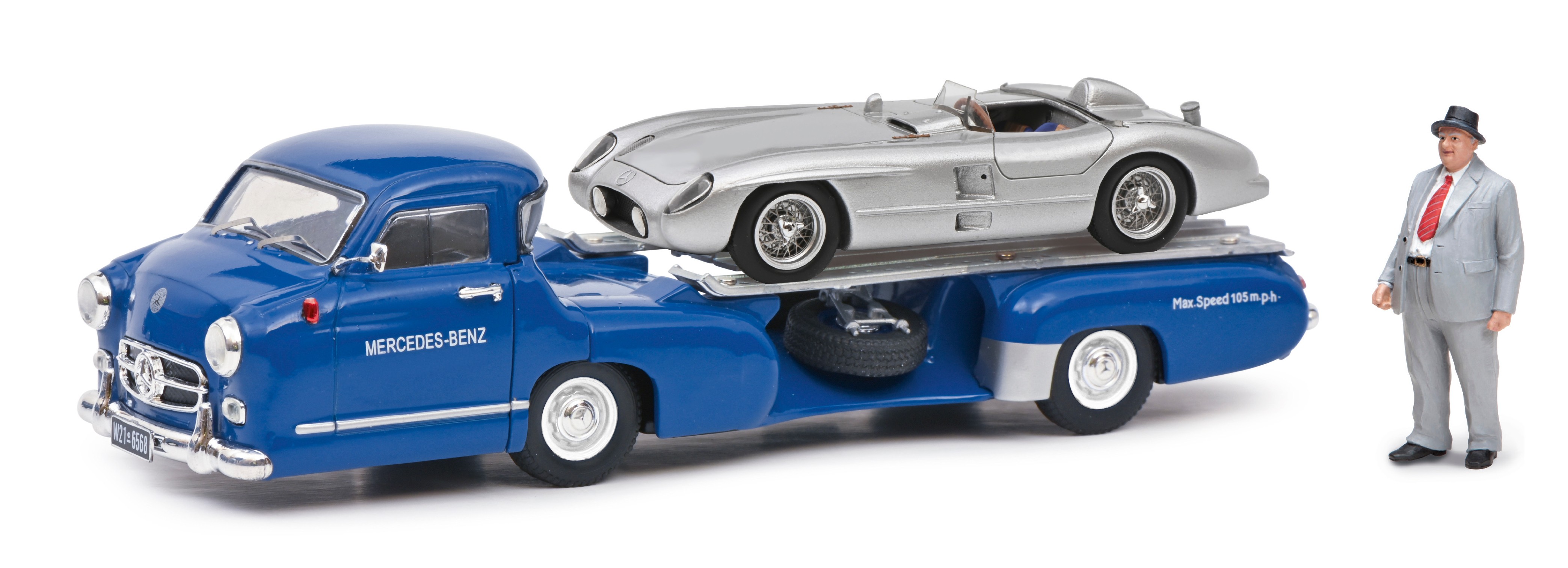 MB Renntransporter `1954 Mercedes Benz "blaues Wunder" mit MB 300SLR beladen und Figur Rennleiter 1:43
