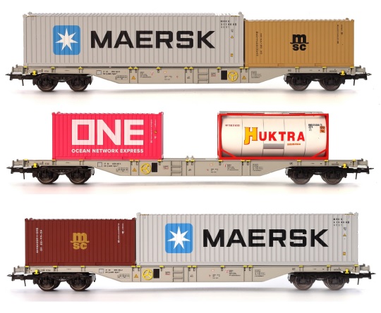 D-AAE Set 3 ContainWagen Ep.6 Gattung: Sgns, grau, beladen mit 2x 40´ Maersk, 2x 20´ MSC, 1x 20´ ONE und 1x Huktra (Tank)