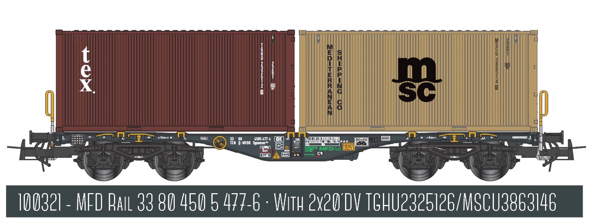 H0 MFD RAIL ContainerWag Ep6 Gattung Sgmmnss 40´, dunkelgrau, beladen mit 2x 20´ Container "TEX" und "MSC", Betr.-Nr.: D-MFDR n.n.