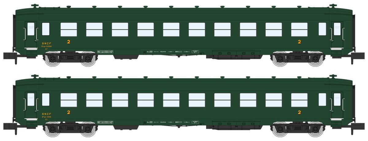 N SNCF Set 2xPersonenWg Ep3b Bauart DEV A0, Gattung 2x B10, dunkelgrün (vert 306)