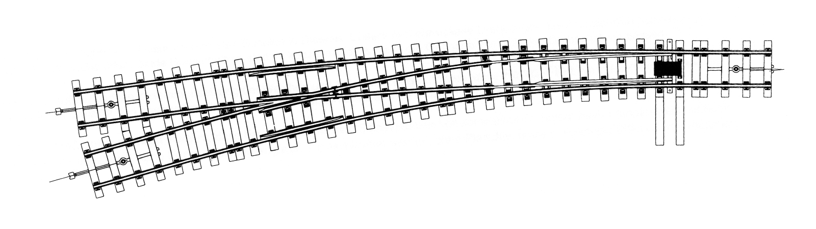0m RhB Bogen-Weiche recht 1:7 Ferro-Flex, Holzschwellen-Imitation, R1=1300mm und R2=2600mm