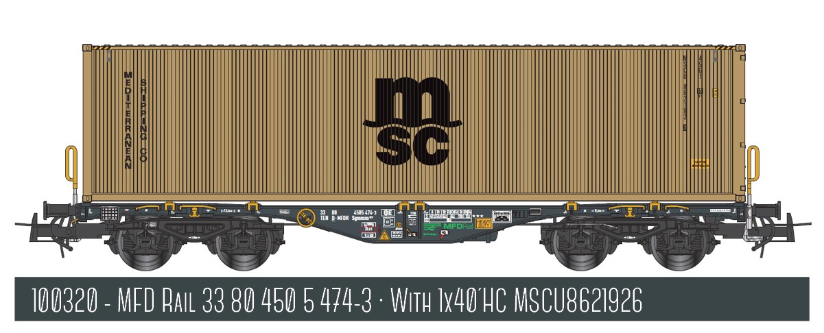 H0 MFD RAIL ContainerWag Ep6 Gattung Sgmmnss 40´, dunkelgrau, beladen mit 1x 40´ Container MSC, Betr.-Nr.: D-MFDR n.n.