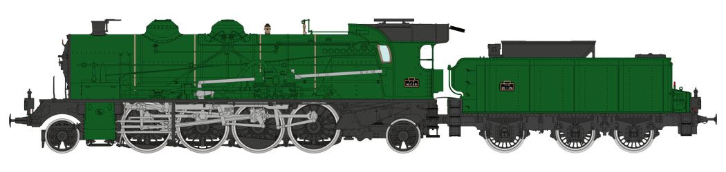 PLM Dampflok 141A Mikado DCS Ep.2, C 331 + Tender 25-174, Farbgebung grün, einfacher Schornstein, 3-achsiger Tender 25m³