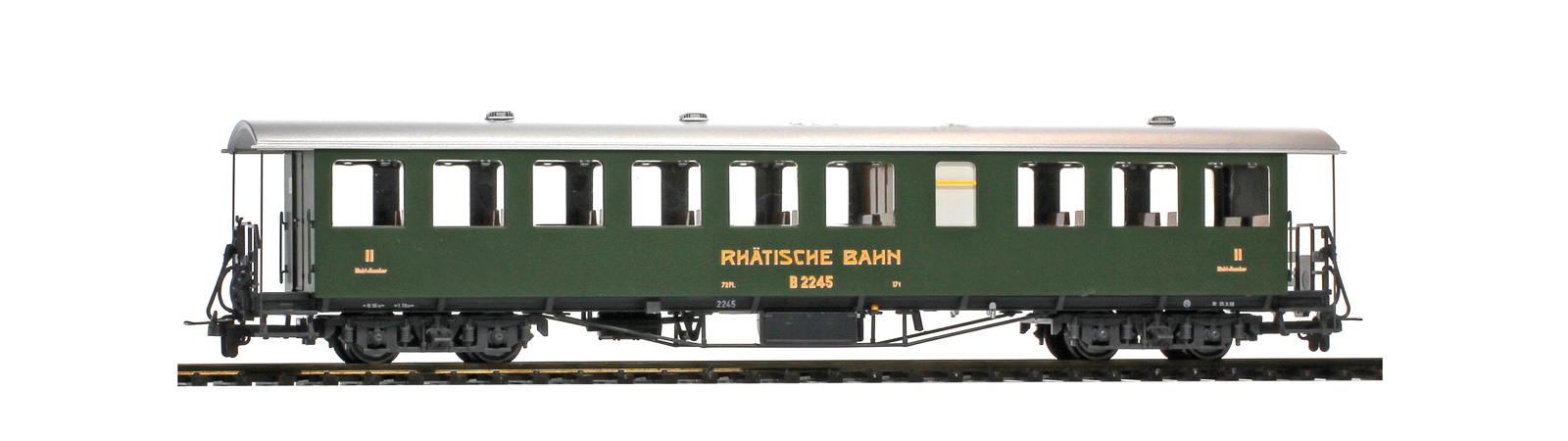 RhB B2245 Dampfzug 4-achser 2. Klasse, Nostalgie-Plattformwagen, grün