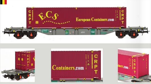 LINEAS ContainWagen ECS Ep.6 Sgns, grau mit grünen Beschriftungsfeldern, Beladung mit 45´ Container "ECS" Zeebrugge