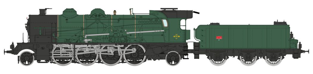 SNCF Dampflok 141A Mikado DC Ep.3, D 318 + Tender 25 A 285, Farbgebung grün / schwarz, einfacher Schornstein, 3-achsiger Tender 25m³