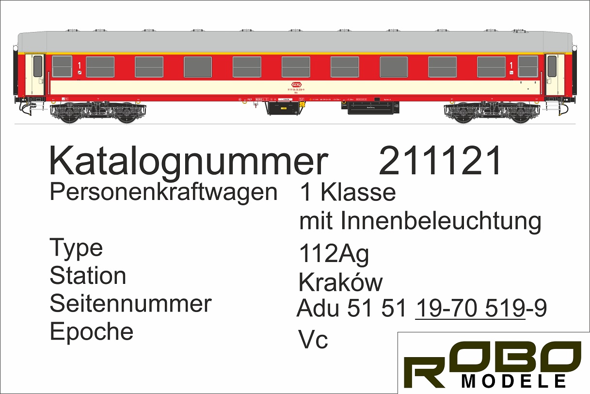 PKP Personenwagen 1.Kl. Ep.Vc Typ 112Ag, Gattung Adu, Betr.-Nr.: 51 51 19-70 519-9, Station Krakau, mit Innenbeleuchtung