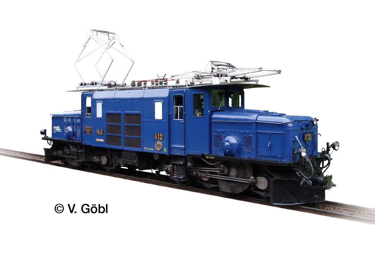 RhB E-Lok Ge 6/6 I 412 Ep.5 Krokodil blau, Sonderlackierung zum Jubiläum "75 Jahre Glacier Express" im Jahre 2005