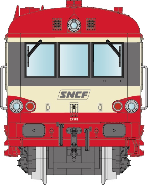 N SNCF EAD X4500 rot/cremeEp4 2-teil. Diesel-Triebzug Baureihe X 4500, 3 Spitzenlichter, lackiertes SNCF Kasten-Logo, mit rotem Dach, Betr.-Nr.: XBD4582 / XRAB 8373, Depot LONGEAU