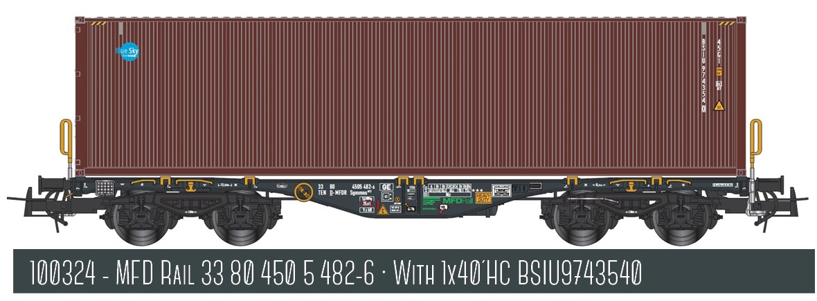 H0 MFD RAIL ContainerWag Ep6 Gattung Sgmmnss 40´, dunkelgrau, Betr.-Nr.: D-MFDR n.n., beladen mit einem 40´ HC Container BLUE SKY (BSIU 87443540)