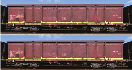 SNCB Set 2x Hochbordwagen Eaos, braun mit gelbem Streifen, Ep4-5, 4-achsig, Set A