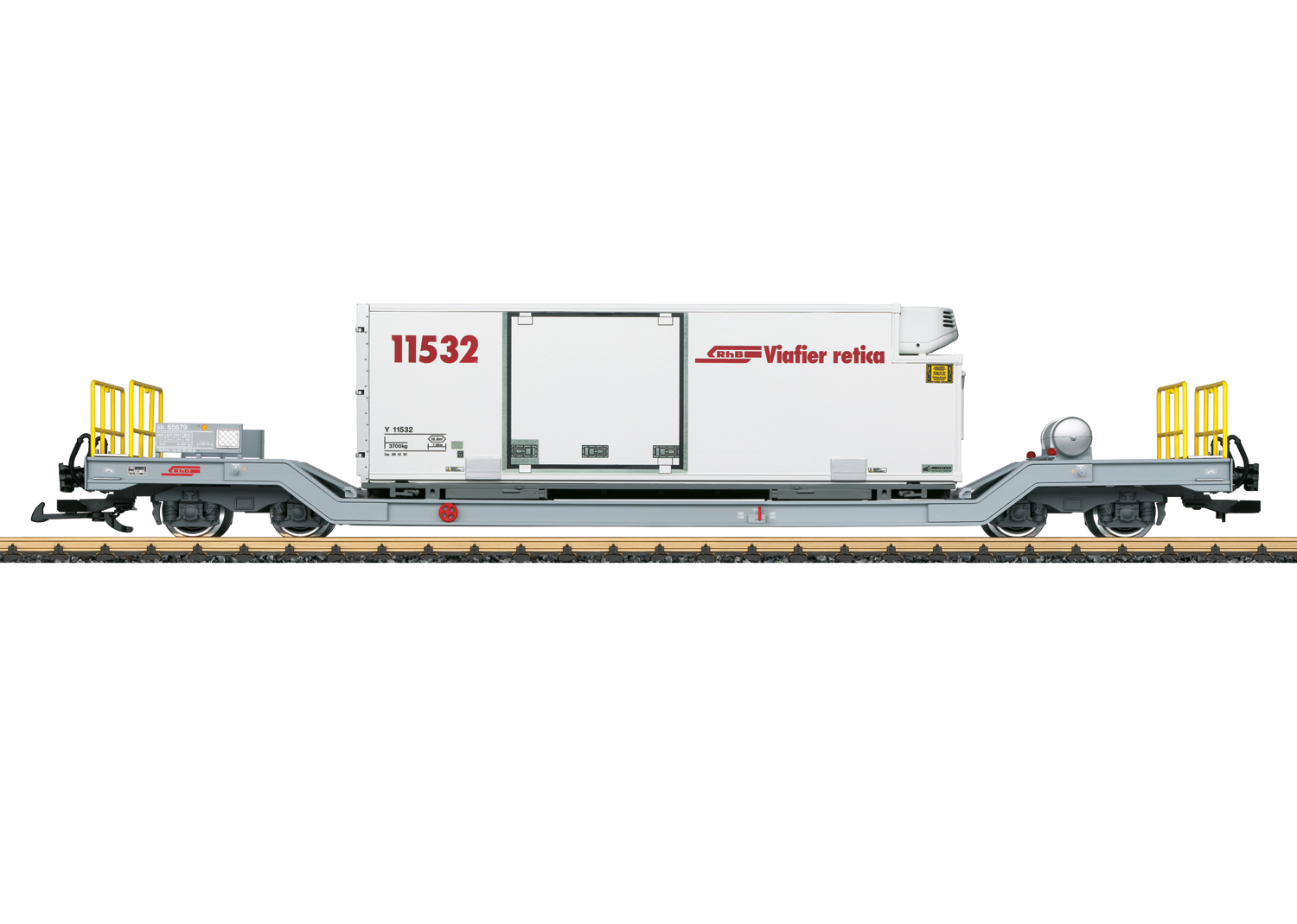 RhB Containerwagen 4-achs Ep6 Bauart Sb-t, mit seitlichem Handbremsrad, beladen mit Kühl-Container