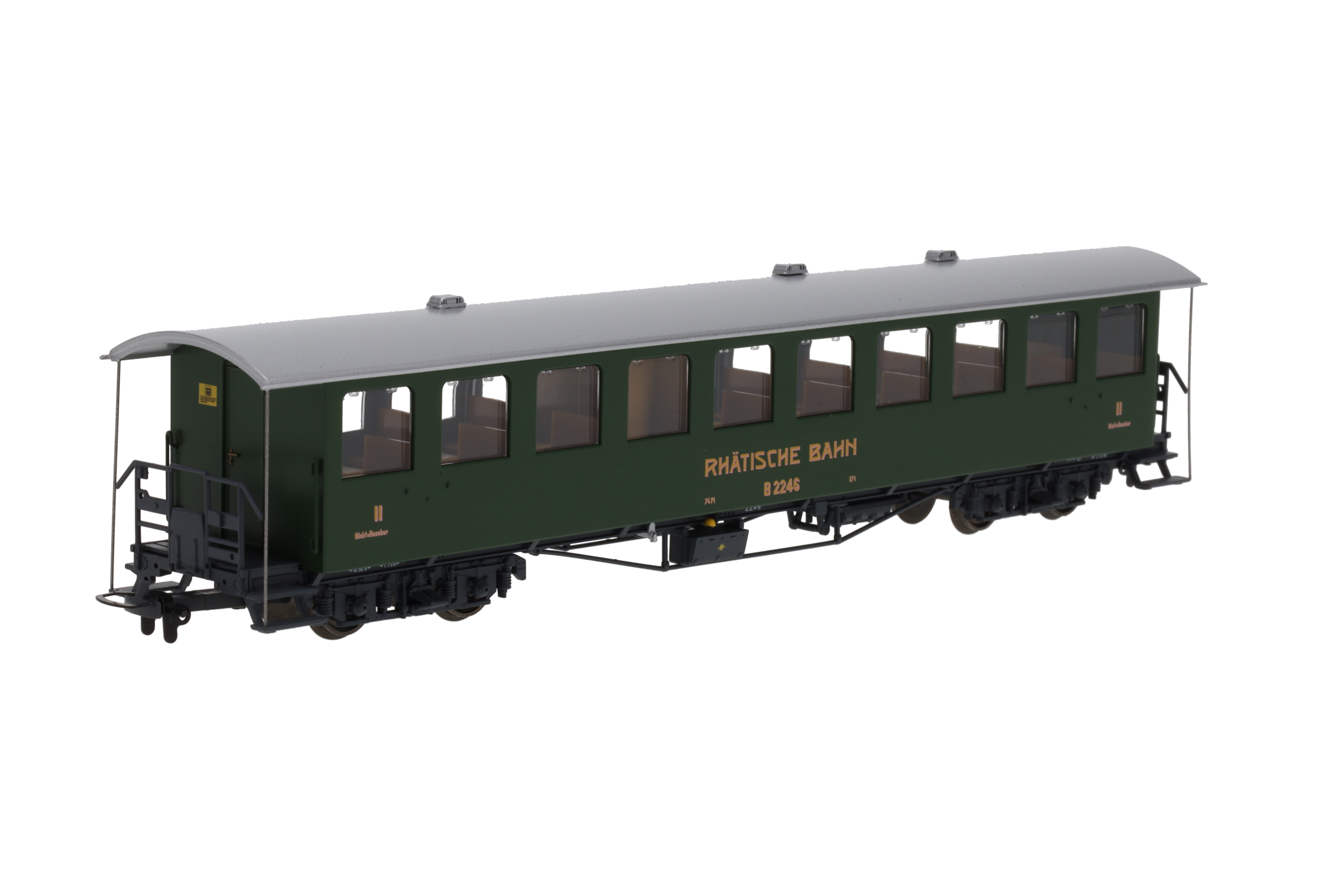 RhB B2246 Dampfzug 4-achser 2. Klasse, Nostalgie-Plattformwagen, grün