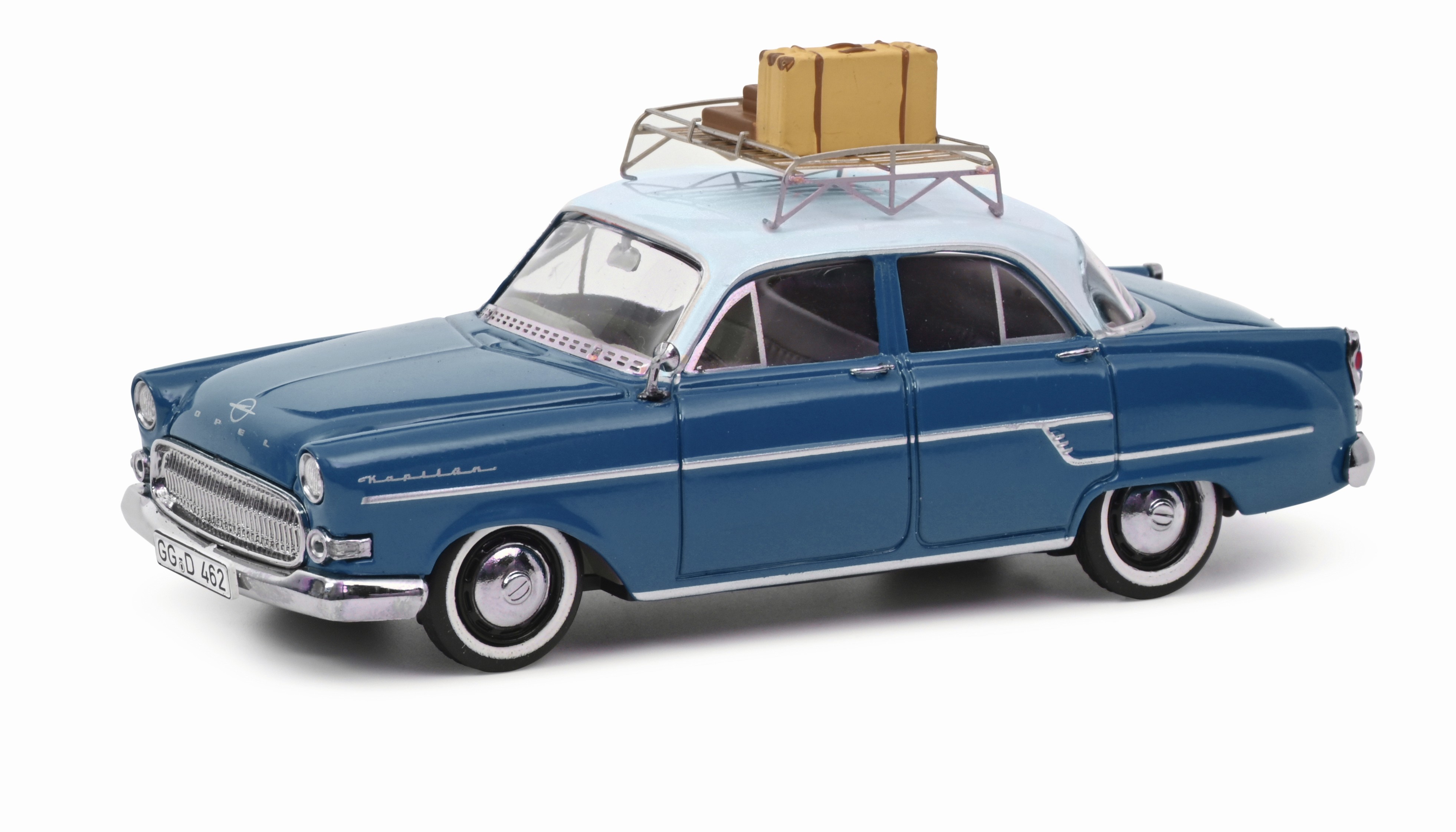 Opel Kapitän blau/weiß mit Dachgepäck "Riviera 1957" 1:43