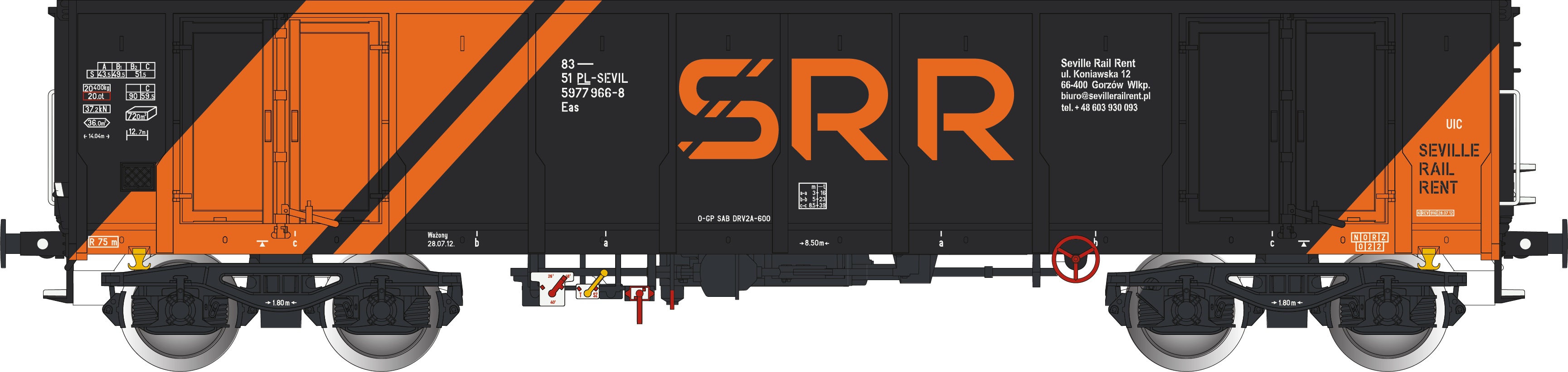 SRR Eas Hochbordwagen Ep.6, schwarz/orange, SRR - Seville Rail Rent, UIC