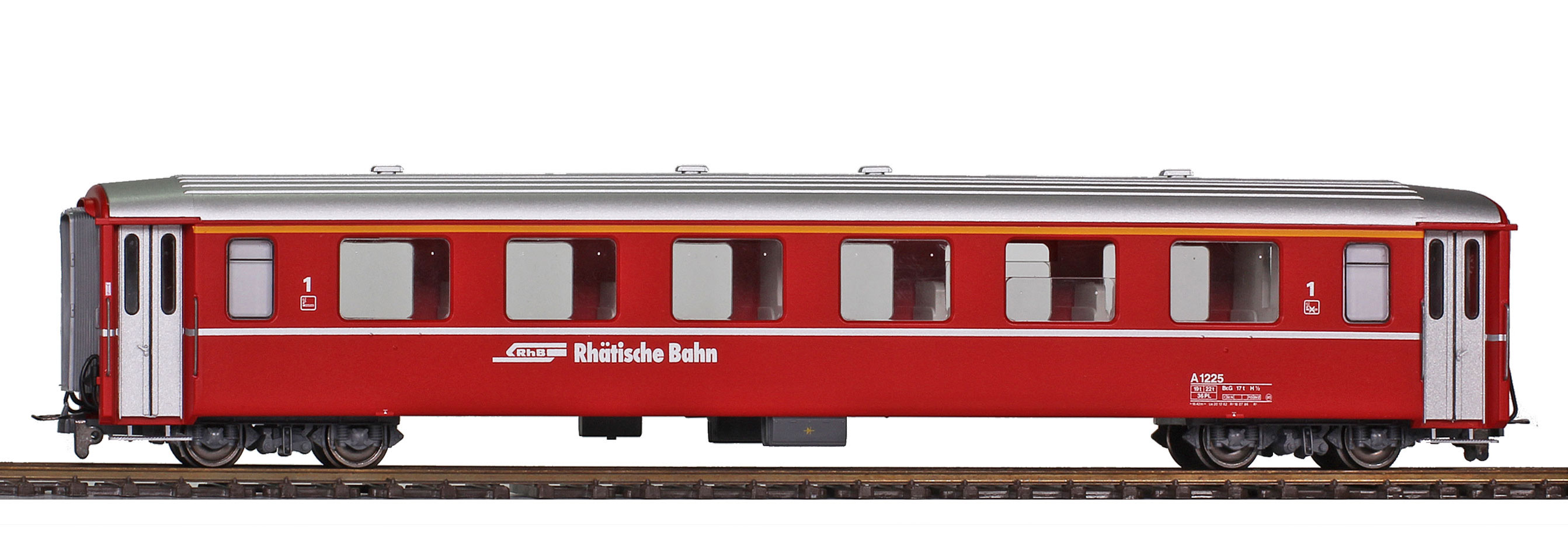 RhB A1243 EW I 1. Kl. rot im Zustand bis Ende der 1980iger Jahre mit silbernen Türgriffstangen