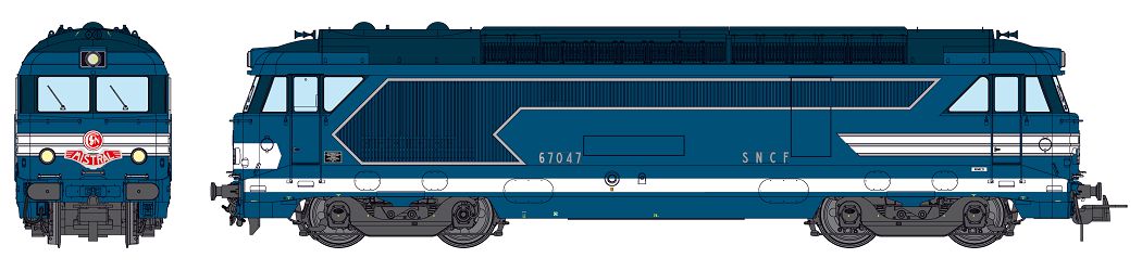 SNCF BB67000 blau/weiß Ep3-4 Betr-Nr: 67047, Ursprungszustand, Depot de "Nimes", blau/weiß, mit rotem Mistral-Schild