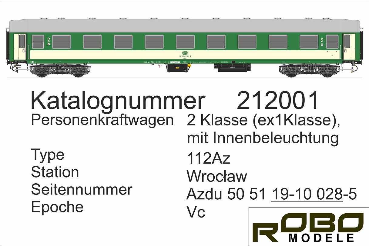 PKP Personenwagen 2.Kl. Ep.Vc Typ 112Az (ex 1. Klasse Wagen), Gattzung Azdu, Betr.-Nr.: 50 51 19-10 028-5, Station Wroclaw, mit Innenbeleuchtung