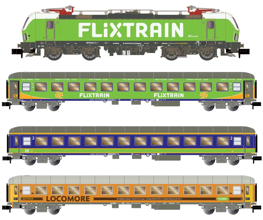 Flixtrain Zugset 4tlg. Ep.VI Vectron BR193 + 3 Personenwagen (3x Bimz 264), Spur N
