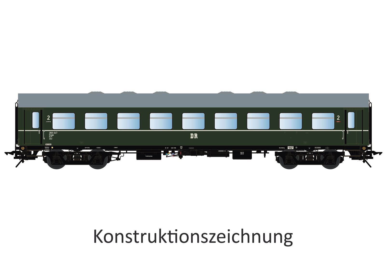 DR Reko-Wagen 2.Kl. B4ml Ep.3 4-achsig, RAL 6007 flaschengrün mit Zierstreifen, Betr.-Nr.: 260-247, Schwanenhalsdrehgestelle