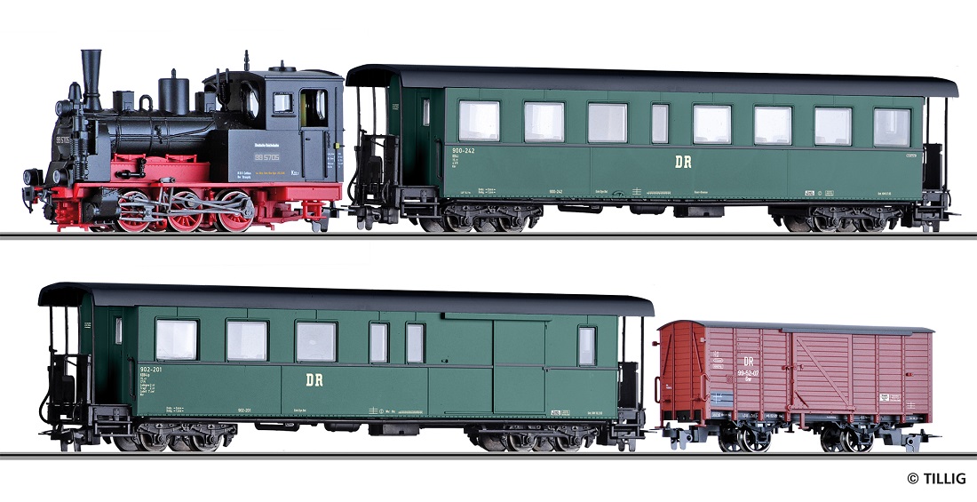 H0m DR Zugset Ep.3 bestehend aus Dampflokomotive BR 99.57, einem Personenwagen KB4i, einem Packwagen KBD4i und einem gedeckten Güterwagen Gw