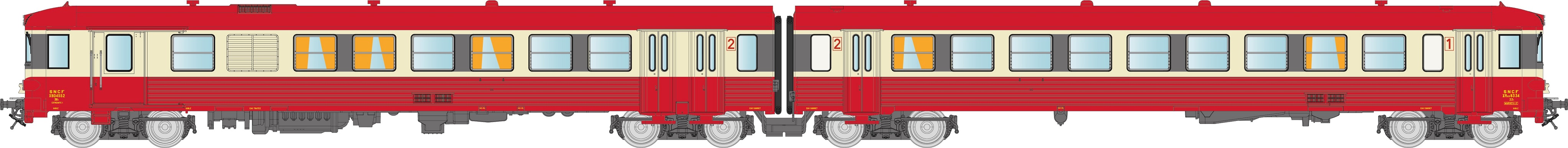 N SNCF EAD X4500 rot/cremeEp4 2-teil. Diesel-Triebzug Baureihe X 4500, 3 Spitzenlichter, mit rotem Dach, lackiertes SNCF Logo, Betr.-Nr.: XBD4552 / XRAB 8334, Depot MARSEILLE