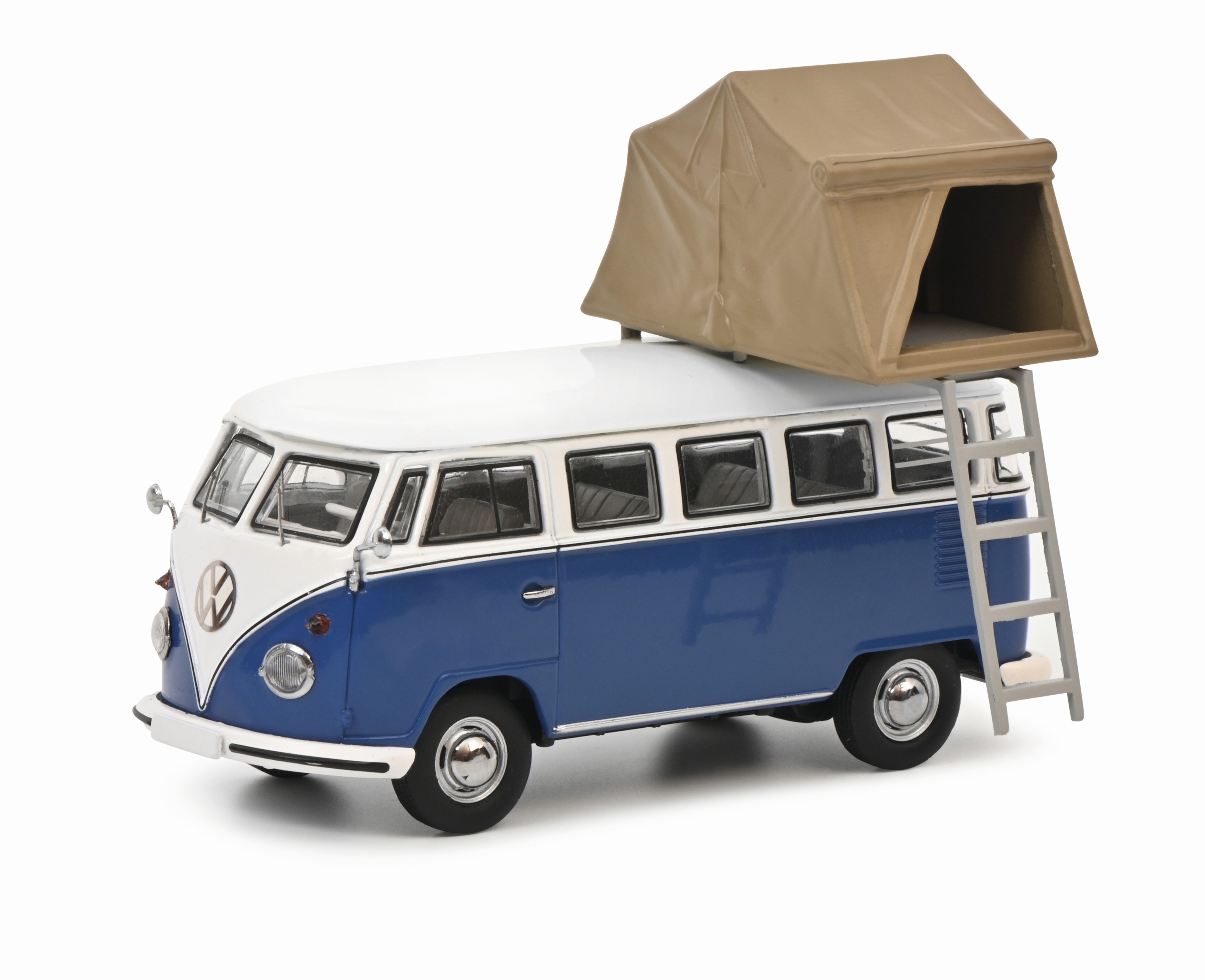VW T1b Bus mit Dachzelt`1950 und Leiter blau/ weiß 1:43