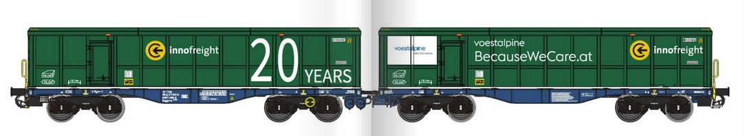DB VTG Scrap-Tainer Doppel- Waggon, 2x 4-achsig, blau, beladen mit 2 "Scrap Tainer - INNOFREIGHT" grün, Aufschrift "Voestalpine", "20 Years", "Because We Care"