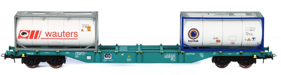 B-TRWBE ContainerWg INTERBULK und WAUTERS, Sgns, grün, Ep.6, Beladung 1x 20´ Tankcontainer "WAUTERS" und 1x 20´ Tankcontainer "INTERBULK"