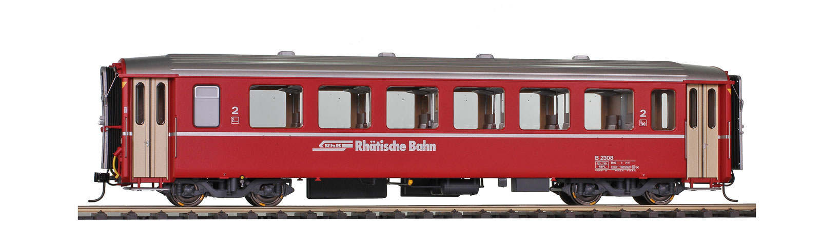 0m RhB B2308 EWI rot mit Logo und mit Bremsecken, mit silberfarbenen Türen und Streifen im Zustand der 1990iger Jahre
