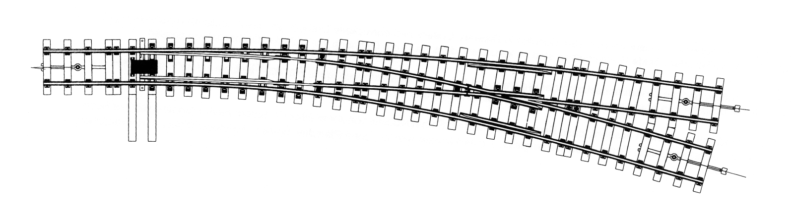 0m RhB Bogen-Weiche links 1:7 Ferro-Flex, Holzschwellen-Imitation, R1=1300mm und R2=2600mm