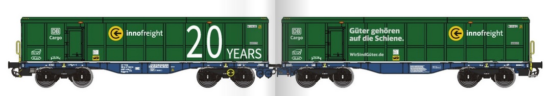 DB VTG Scrap-Tainer Doppel- Waggon, 2x 4-achsig, blau, beladen mit 2 "Scrap Tainer - INNOFREIGHT" grün, Aufschrift DB Cargo, "20 Years", "Güter gehören auf die Schiene"