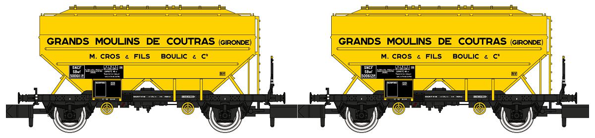 N SNCF GetreideWg GR MOUL Ep3 Céréalier Construction "RICHARD", gelb mit schwarzem Rahmen, Aufschrift: "GRANDS MOULINS DE COUTRAS (GIRONDE)"