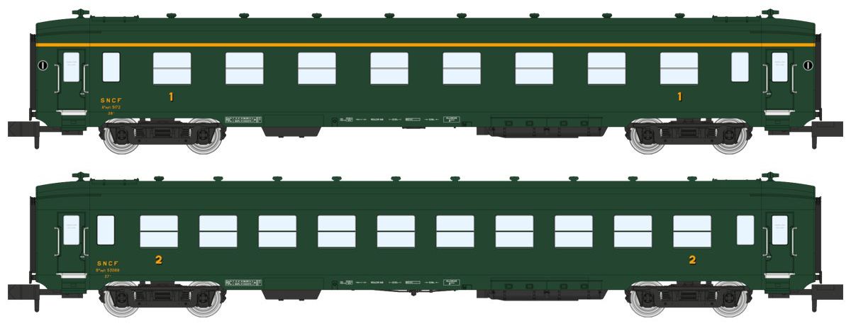 N SNCF Set 2xPersonenWg Ep3b Bauart DEV A0, Gattung A8 und B10 dunkelgrün (vert 306)